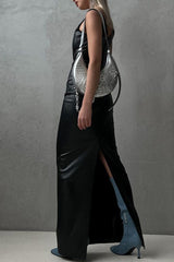 U Neck Solid Color PU Leather Bodycon Party Maxi Dresses-Black