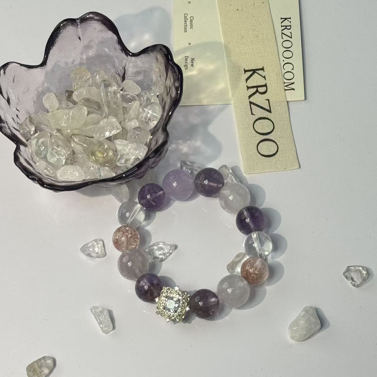 Mixed Purple Crystal Beaded Bracelet, Handmade Natural Stone Bracelet with Zircon Sun Charm