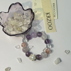 Mixed Purple Crystal Beaded Bracelet, Handmade Natural Stone Bracelet with Zircon Sun Charm