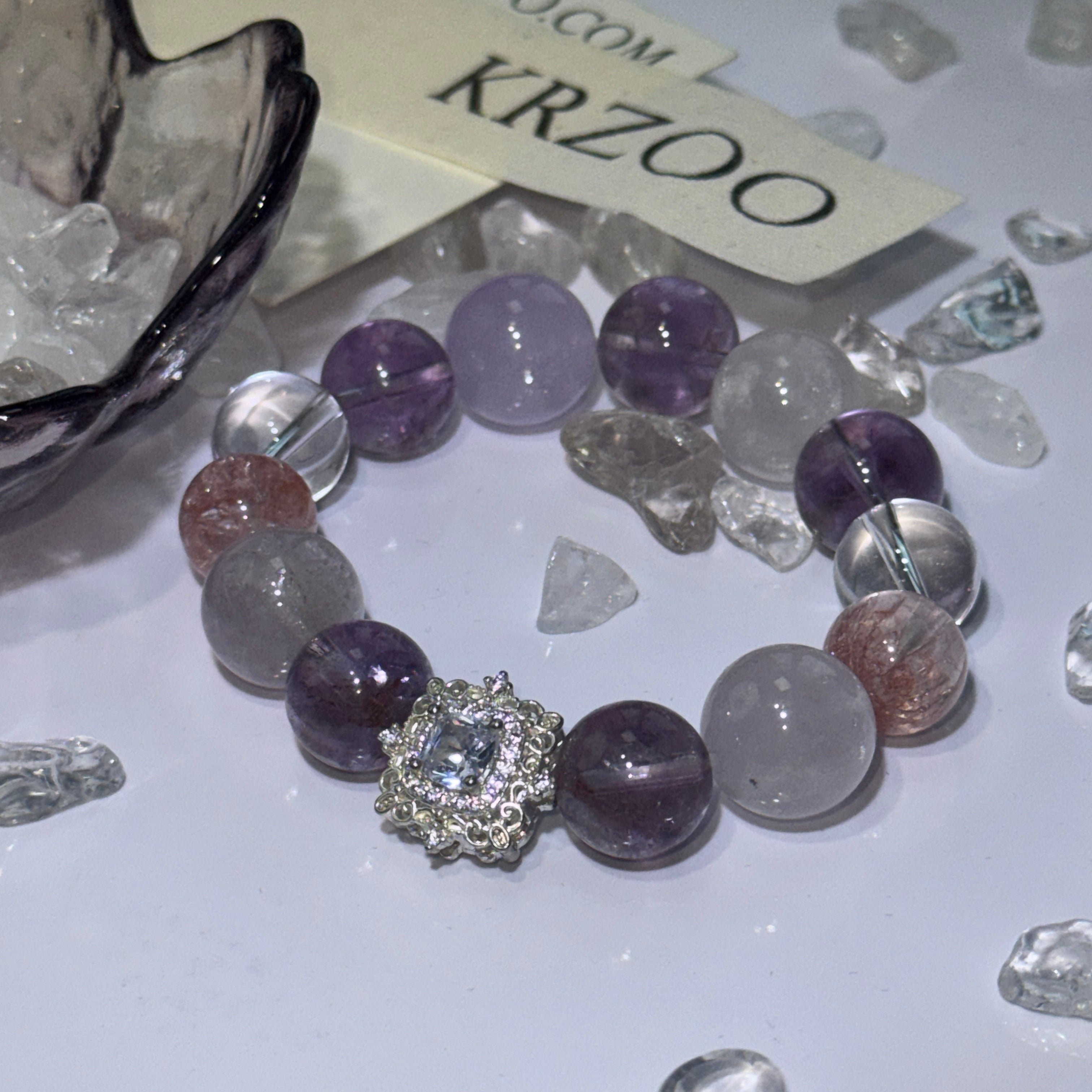 Mixed Purple Crystal Beaded Bracelet, Handmade Natural Stone Bracelet with Zircon Sun Charm