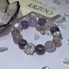 Mixed Purple Crystal Beaded Bracelet, Handmade Natural Stone Bracelet with Zircon Sun Charm