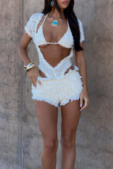 Frilled Lace Short Sleeve Cutout Playsuit Romper Bra 2pcs Set Ivory