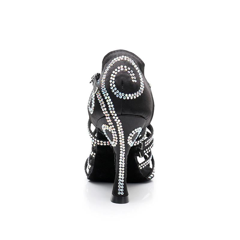 Women's Black Satin Customized Heel Ballroom Rhinestones Strappy Dance Shoes