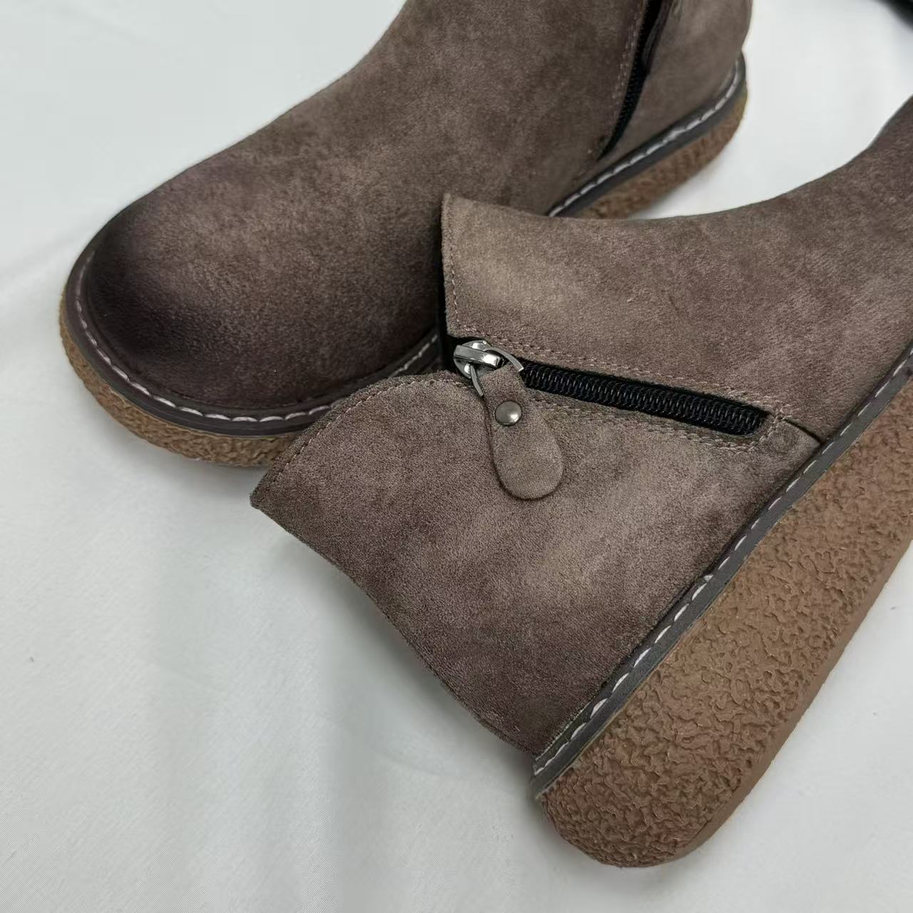 Velvet-textured distressed thick-soled short boots