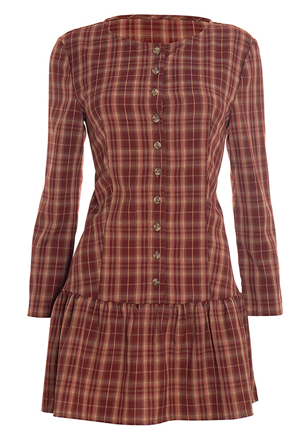 Plaid Print Round Neck Long Sleeve Button Up Cinch Waist Mini Dresses-Red