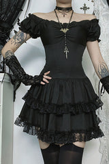 Cami Corset Off Shoulder Lace Ruffled Trim Mini Dresses 2pcs Set-Black
