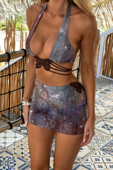 Starry Sky Pattern Halter Crop Top Mini Skirt 2pcs Set Purple