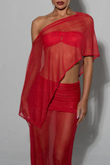 Off Shoulder Irregular Top Fitted See Through Maxi Skirt Set-Red Pre Order