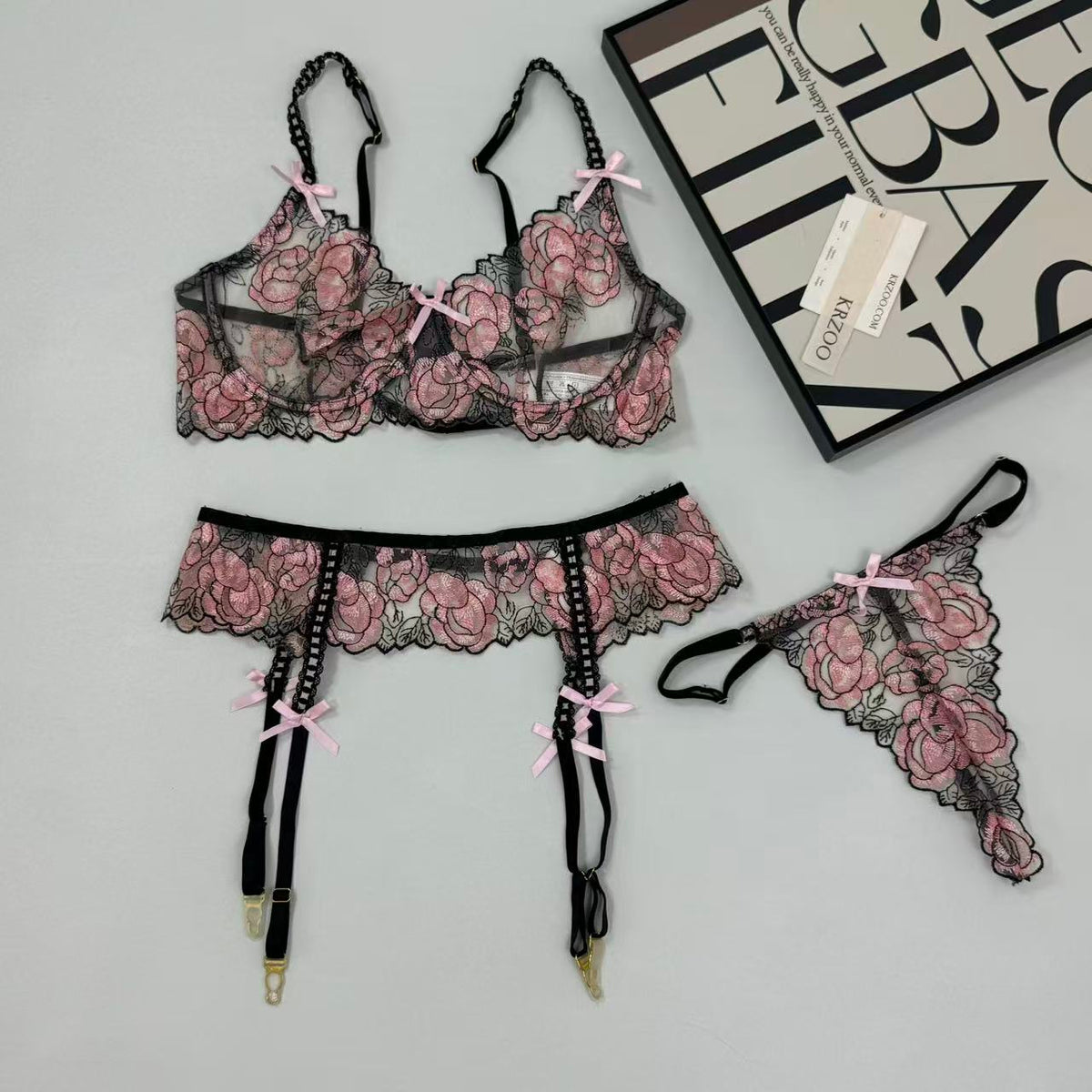 Pink embroidered bow bra