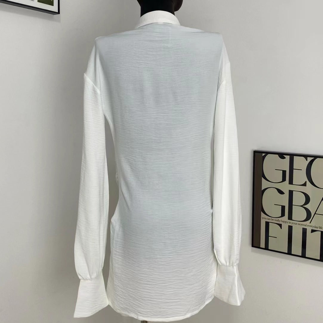 White Shirt And Deep V-Neck Dress