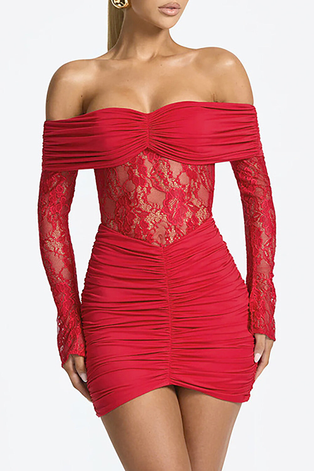 Off Shoulder Long Sleeve Lace Patchwork Ruched Fitted Mini Dresses-Red