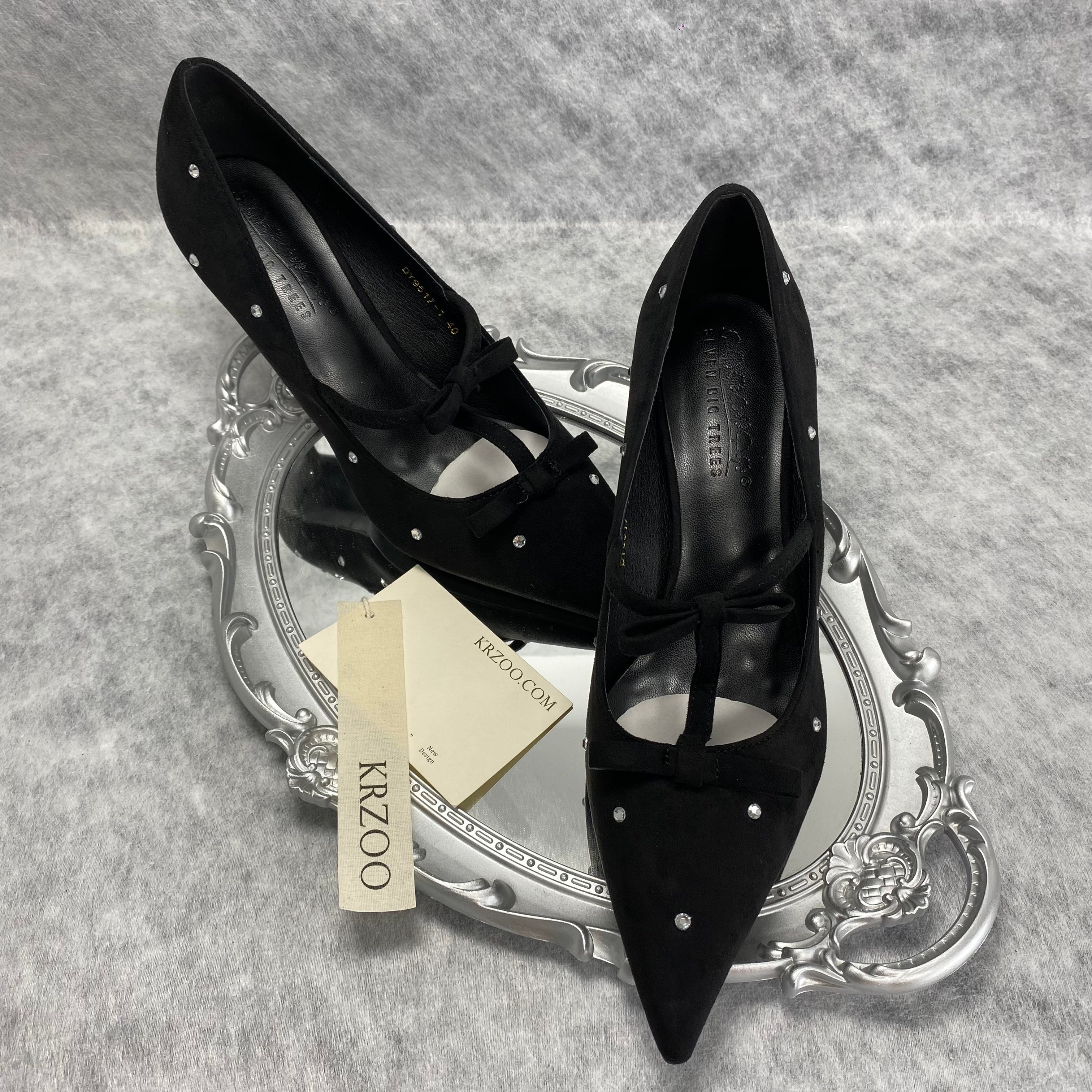 Bowsquare-toe black rhinestone high heels