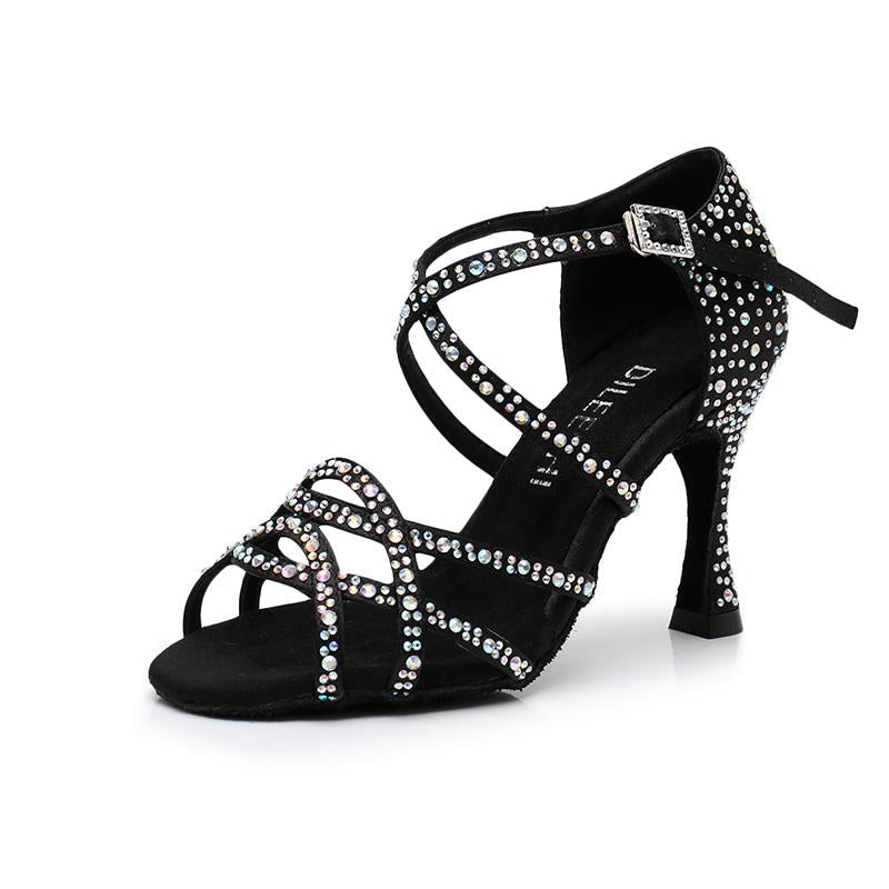 Women's Black Satin Rhinestone Customized Heels Ballroom Latin Dance Shoes