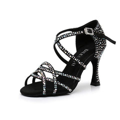 Women's Black Satin Rhinestone Customized Heels Ballroom Latin Dance Shoes