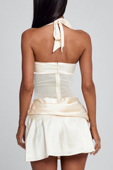 Gathered Halter Corset Wrinkle Layered Slit Mini Dresses-Beige Pre Order