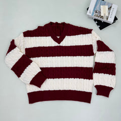 Loose V-neck vintage contrasting stripe sweater