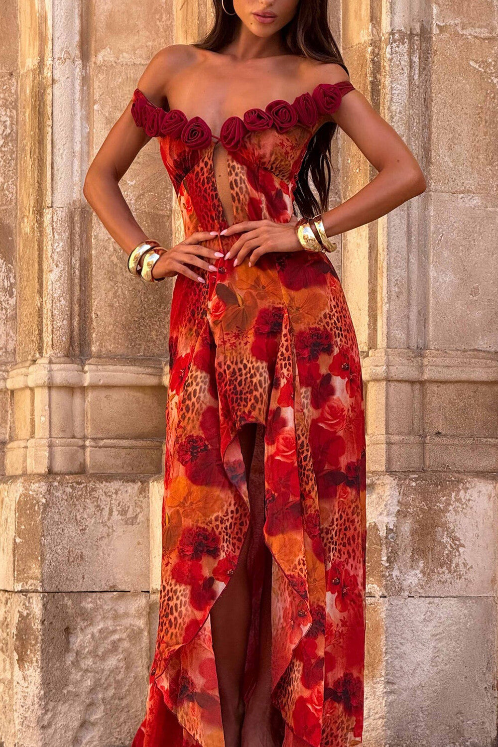 Off Shoulder Rosette Leopard Print Irregular Hem Maxi Dresses-Red Pre Order