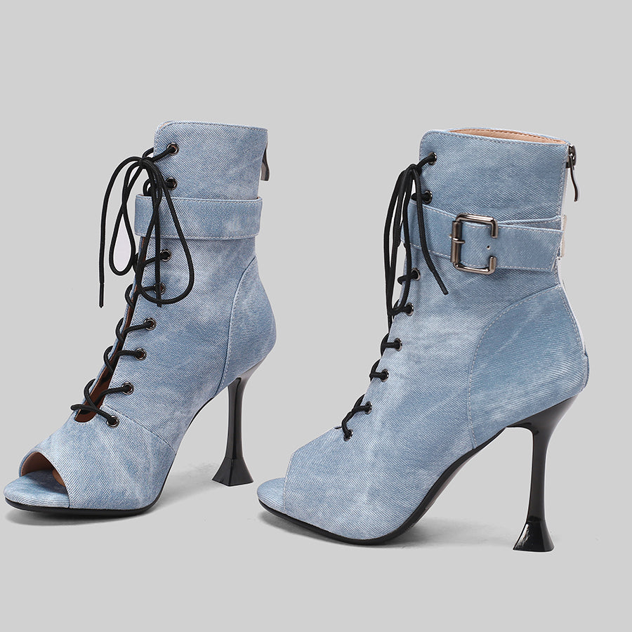 Women's 9.5cm Heel Rubber Sole Leatherette JazShoes Open Toe Dance Heels Boots