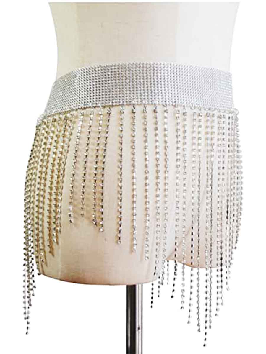Sparkling Metallic Body Chain Rhinestone Fringe Skirt
