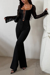 Eyelets Lace-Up Square Neck Lace Patchwork Slim Jumpsuit-Black