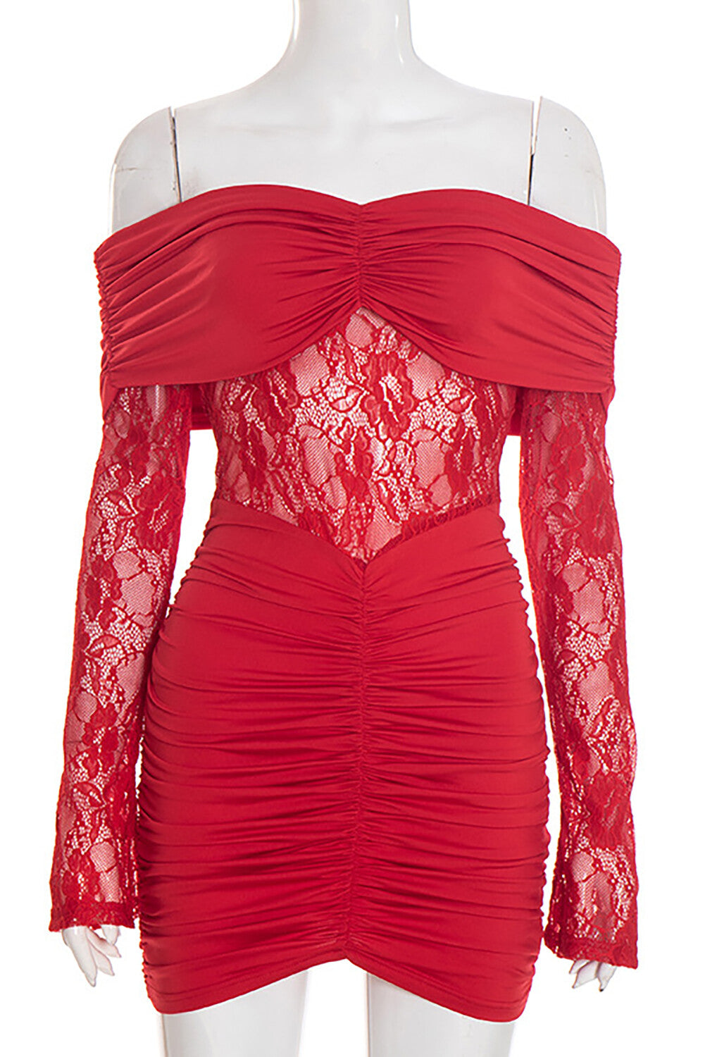 Off Shoulder Long Sleeve Lace Patchwork Ruched Fitted Mini Dresses-Red