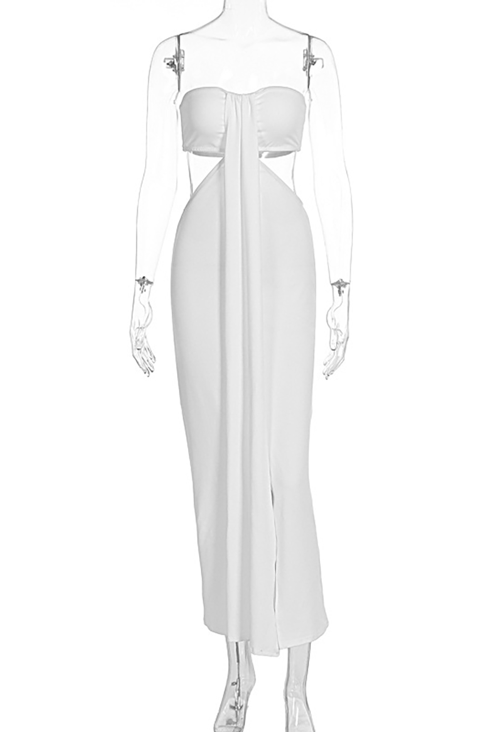 Strapless Waist Cutout Backless Solid Color Slim Fit Slit Maxi Dresses-White