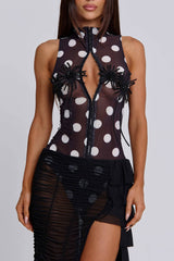 Polka Dot Sleeveless Bodysuit Ruched Mesh Skirt 2pcs Set-Black Pre Order