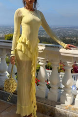 Round Neck Long Sleeve Ruffled Trim Slim Fit Maxi Dresses-Yellow