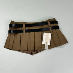 Double belt half-length pleated A-line mini skirt