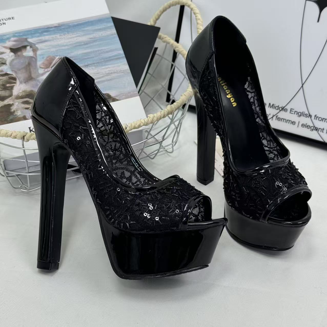 Lace open-toe stiletto heels