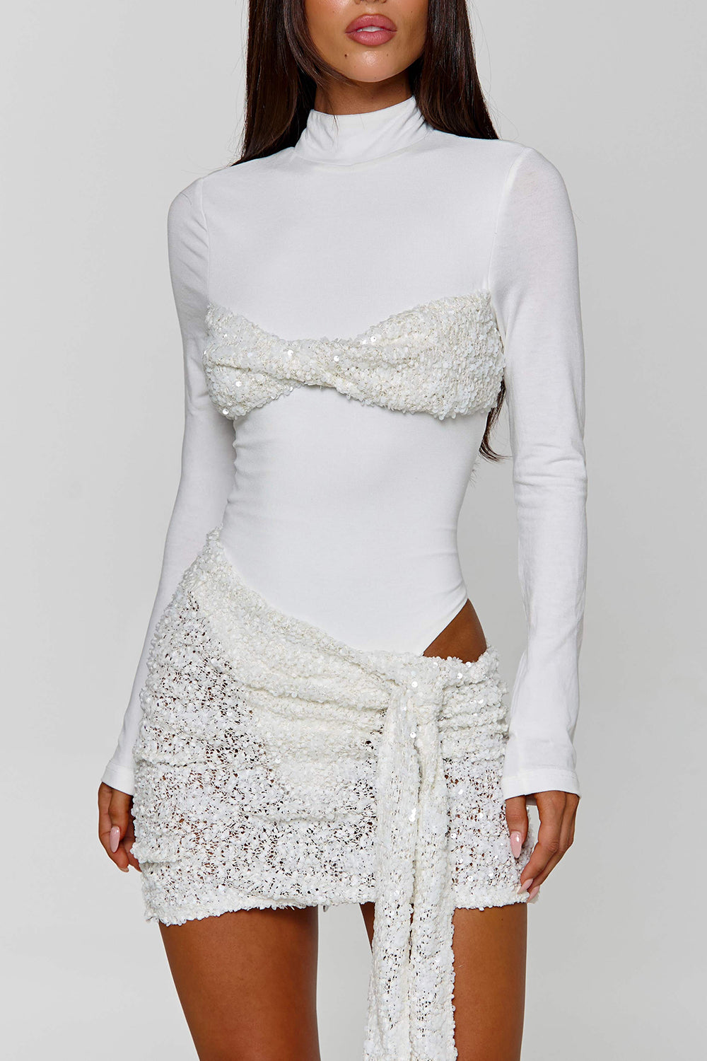 Mock Neck Bodysuit Sequin Sash Mini Skirt Party 2pcs Set-White Pre Order