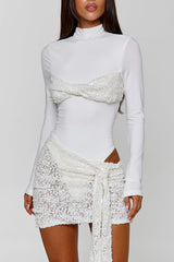 Mock Neck Bodysuit Sequin Sash Mini Skirt Party 2pcs Set-White Pre Order