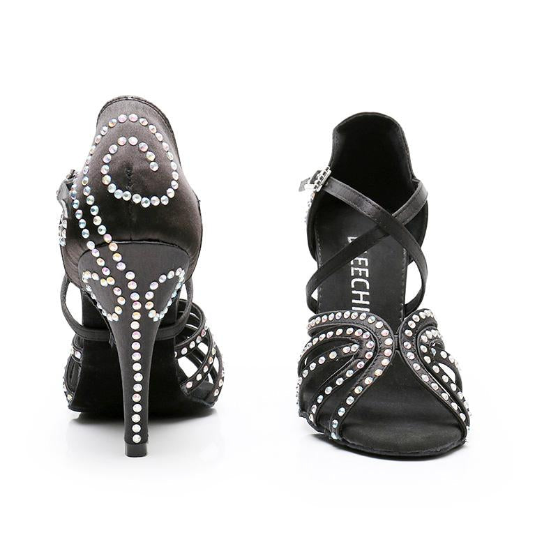 Women's Black Customized Heel Satin Rhinestones Strappy Ballroom Latin Dance Shoes