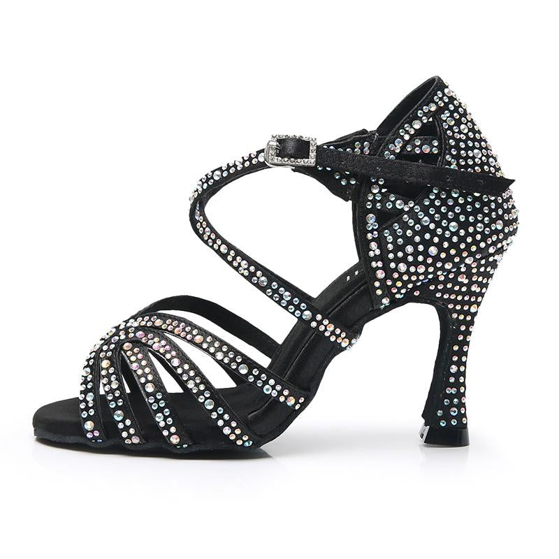 Women's Black Strappy Satin Rhinestones Customized Heel Dance Shoes