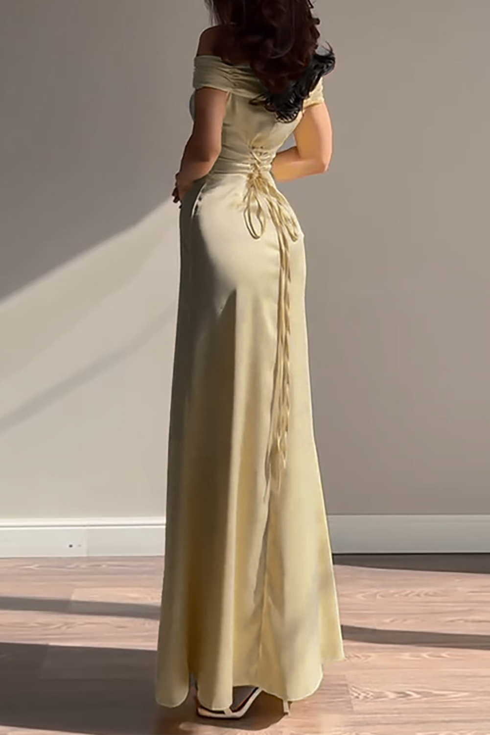Ruched Off Shoulder Back Lace Up Cinch Waist Plain Gowns Maxi Dresses-Yellow
