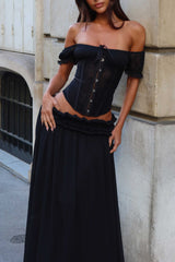 Off Shoulder Lace-Up Top Layered Maxi Skirt 2pcs Set-Black Pre Order