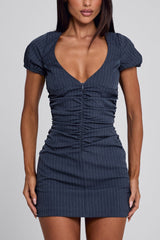 Deep V Neck Zip Up Ruched Slim Fit Party Mini Dresses-Navy Pre Order