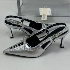 Low-cut hollowed-out lace-up low-heeled shoes