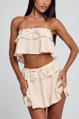 Strapless Ruffled Crop Top Guipure Mini Skirt 2pcs Set-Beige Pre Order
