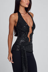 Halter V Neck Sequin Sash Top Bodycon Pants 2pcs Set-Black Pre Order