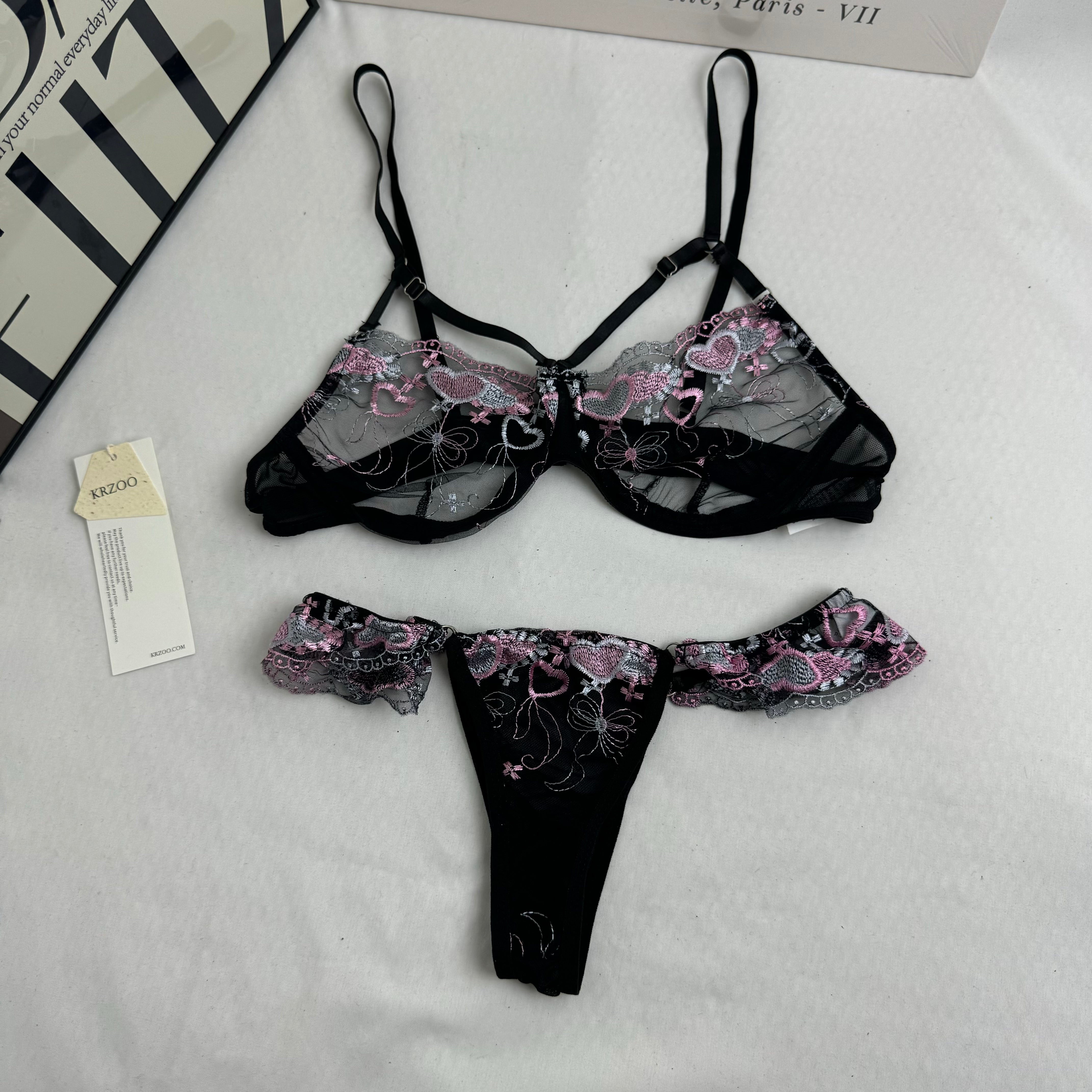 Three-Piece Embroidered Black mesh Set