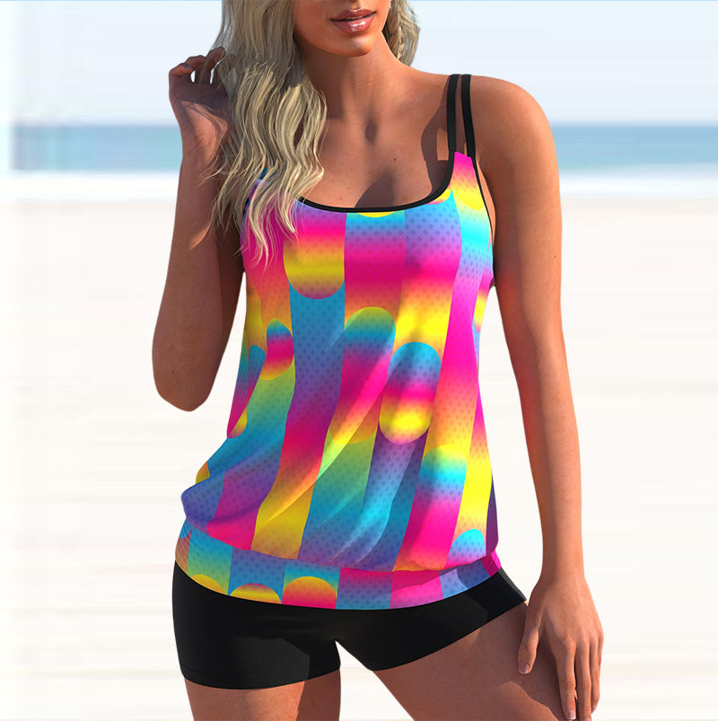 New Women Fashion Sexy Plus Size Two Piece Personality Print Camisole Swimsuit with Skirt Lady Swimming Suit Swimwear Bachwear