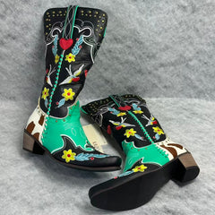 Embroidered rivet color-matched high boots
