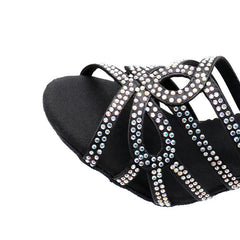 Women's Black Satin Customized Heel Ballroom Rhinestones Strappy Dance Shoes