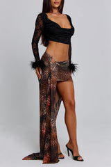 Feather Cuff Crop Top Print Asymmetric Maxi Skirt 2pcs Set-Black Pre Order