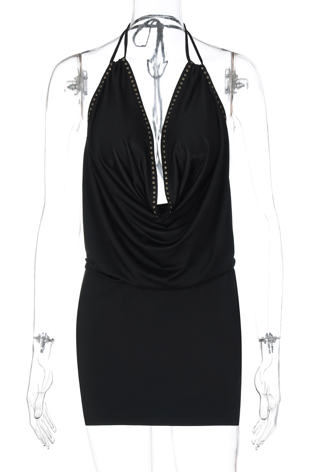 Studded Trim Cowl Neckline Halter Bodycon Mini Dresses-Black