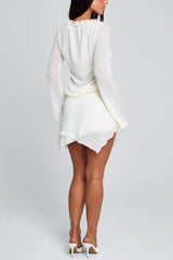 V Neck Ruffled Drawstring Tie Top Mini Skirt Party 2pcs Set-White Pre Order