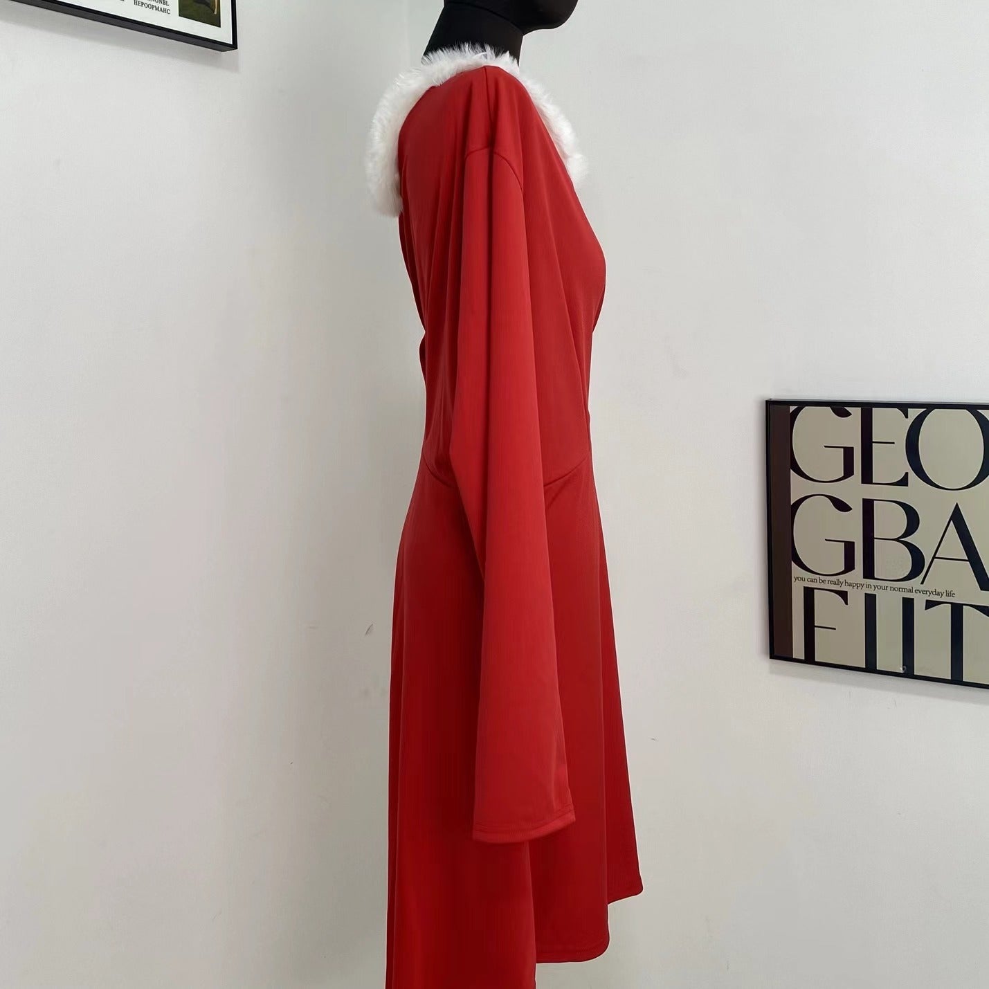 Fur-Trimmed V-Neck Dress