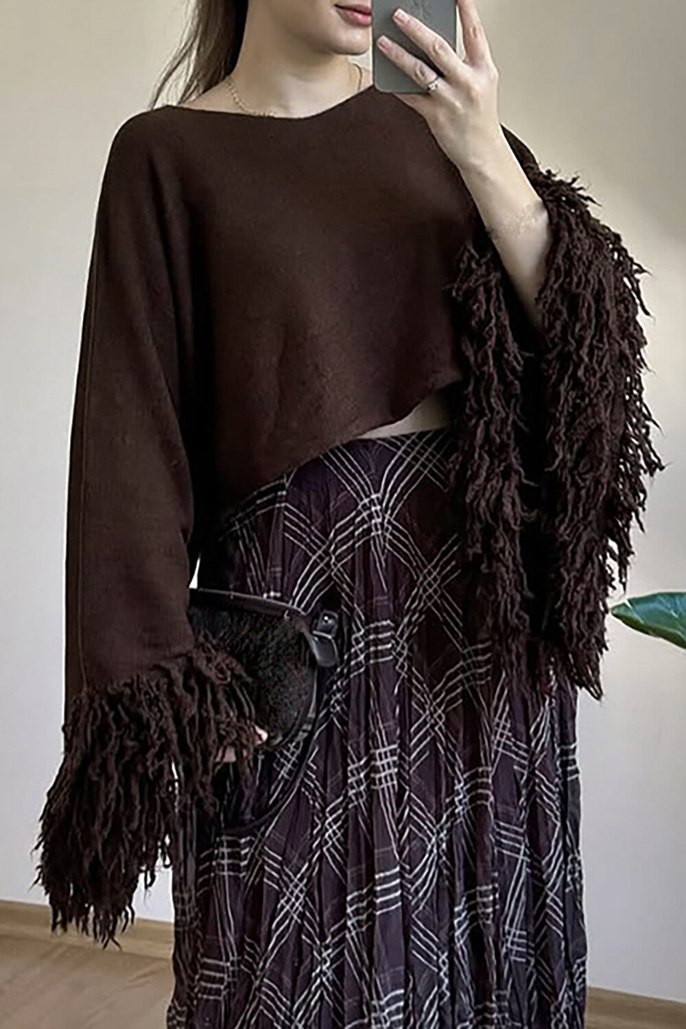 Knit Fringed Cuffs Flare Sleeve Loose Fit Sweater-Beige