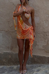 Pattern Print Cutout Ruffled Irregular Mini Dresses Orange